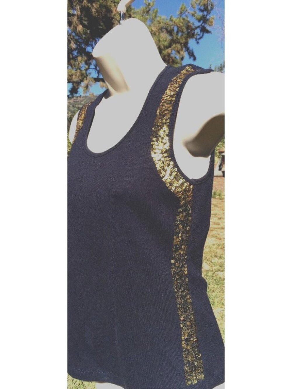 Woman's Tank Top Size S, Blue With Gold Sequins, Kenar